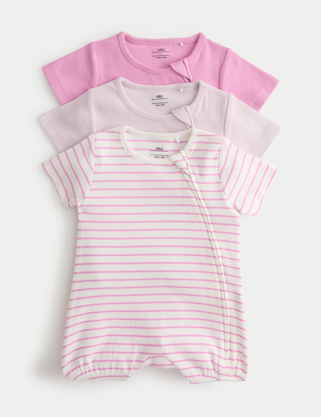 M&S Girls 3 Pack Cotton Rich Rompers (0 Months-3 Years) - 0-3 Months - Magenta
