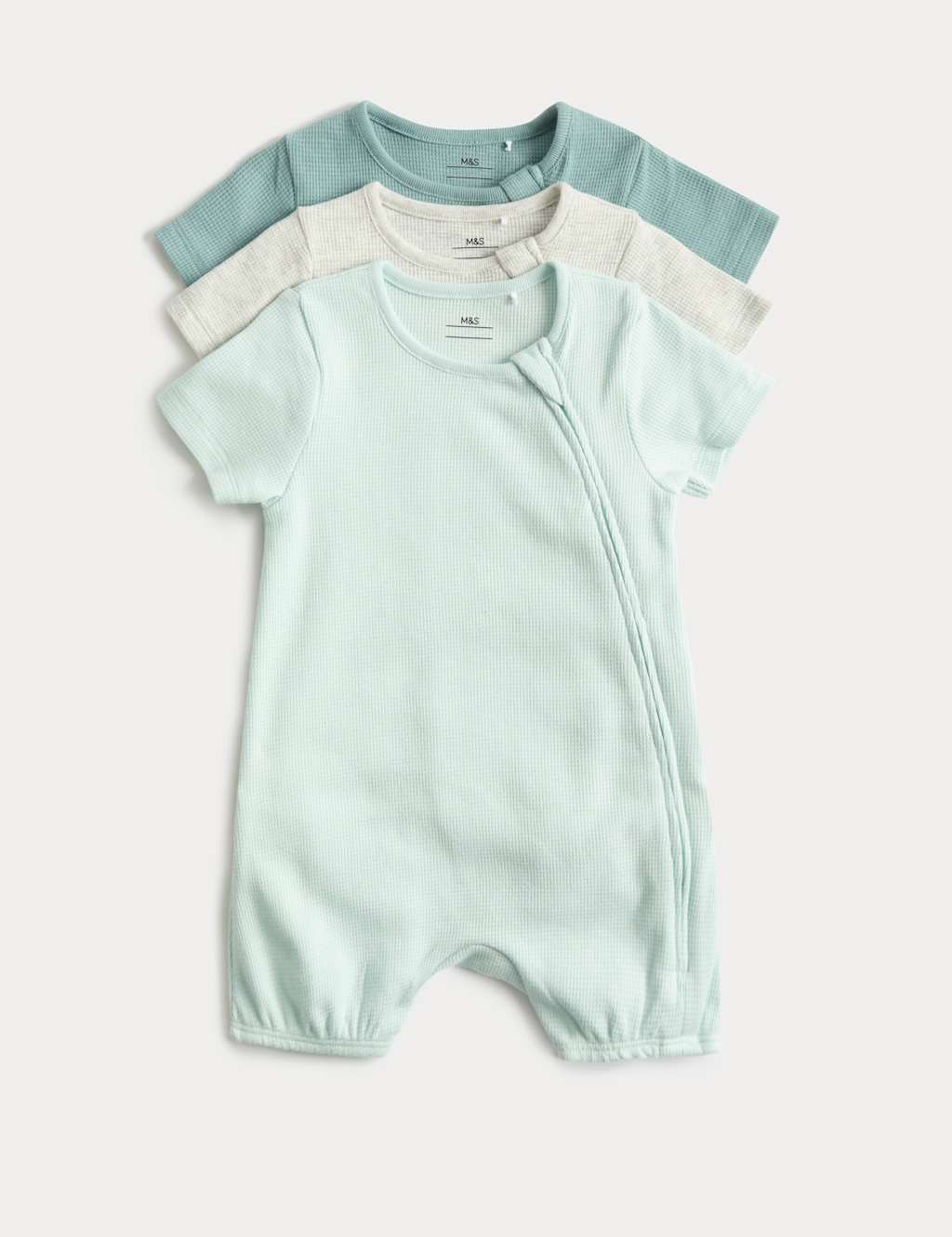 M&S Kids 3 Pack Pure Cotton Waffle Rompers (7lbs-3 Yrs) - Newborn - Aqua