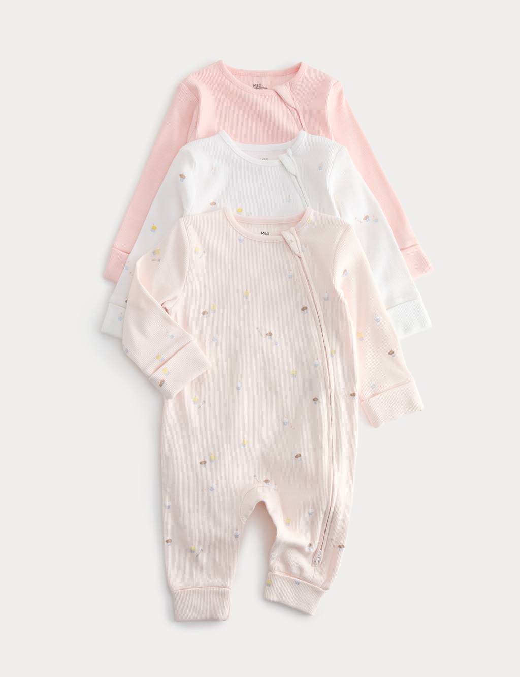 M&S Girls 3 Pack Cotton Rich Sleepsuits (7lbs-3 Yrs) - Tiny - Pink