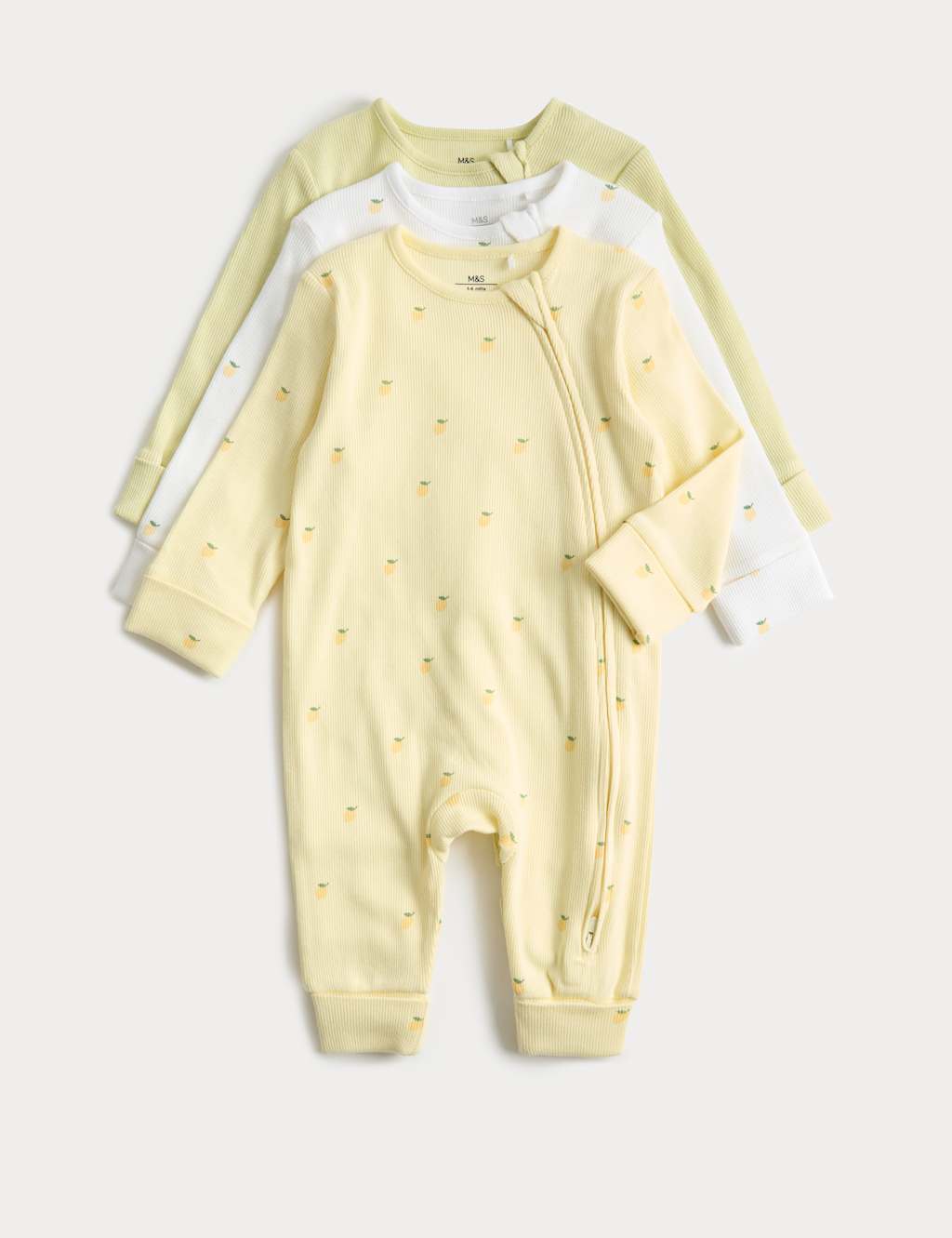 M&S Girls 3 Pack Cotton Rich Lemon Sleepsuits (6 ½lbs-3 Yrs) - Newborn - Yellow