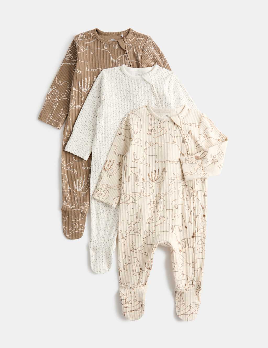 M&S Kids 3 Pack Cotton Rich Safari Sleepsuits (6 ½lbs - 3 Yrs) - Newborn - Neutral