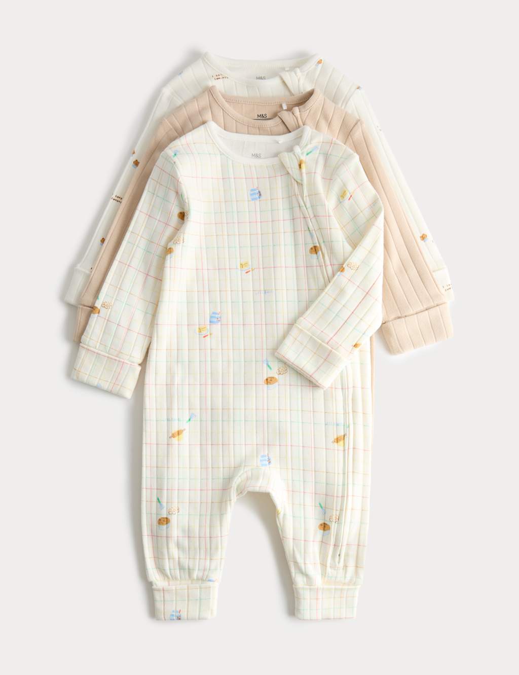 M&S Kids 3 Pack Cotton Rich Baking Print Sleepsuits (5lbs-3 Yrs) - Newborn - Neutral