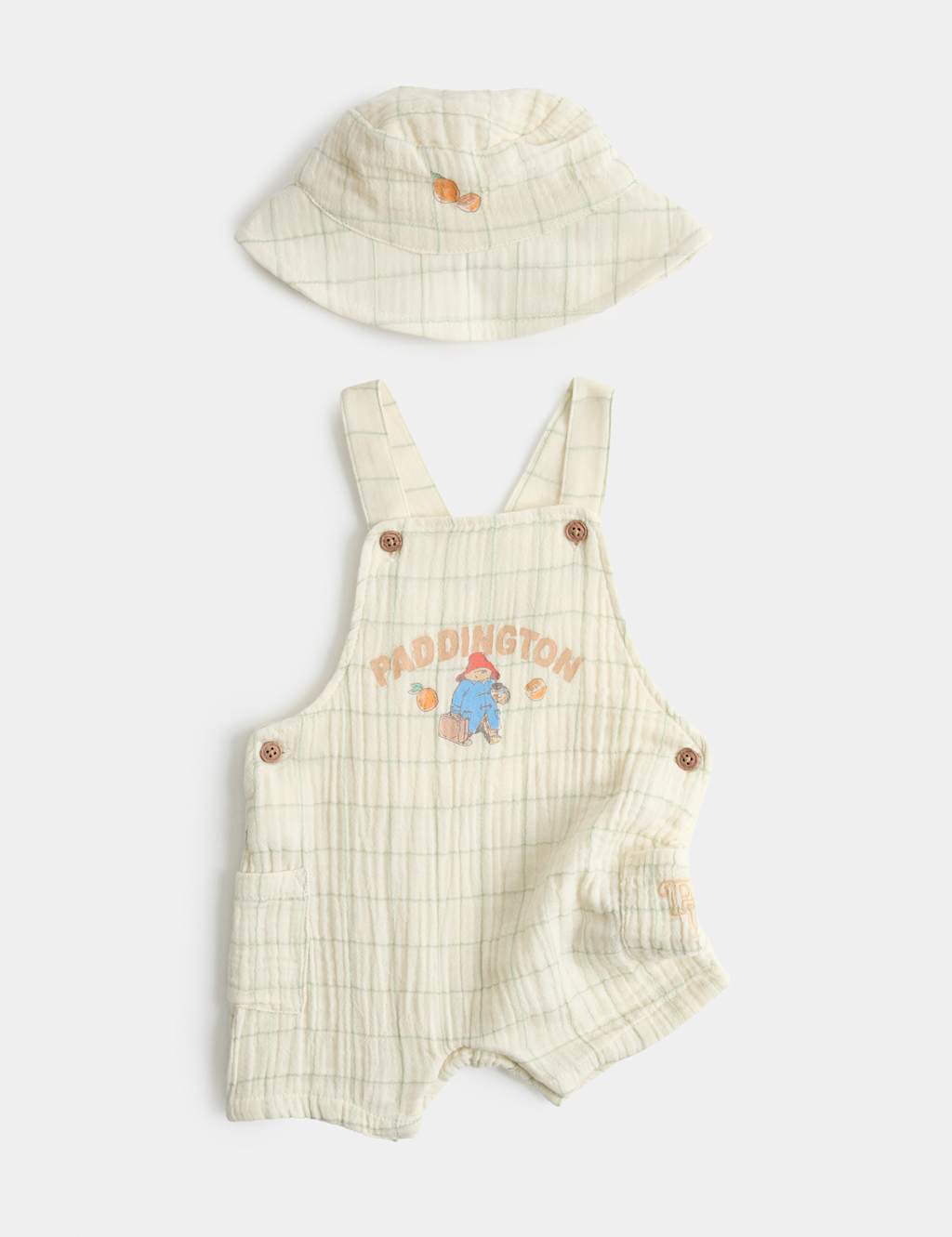 M&S Kids 2 Piece Pure Cotton Paddington Dungarees with Hat (0-18 Mths) - 3-6 Months - Cream Mix