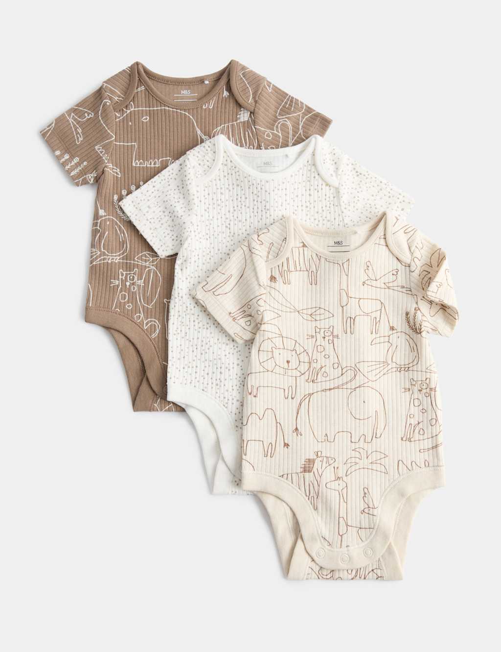 M&S Kids 3 Pack Cotton Rich Safari Bodysuits (7lbs - 3 Yrs) - 3-6 Months - Cream Mix
