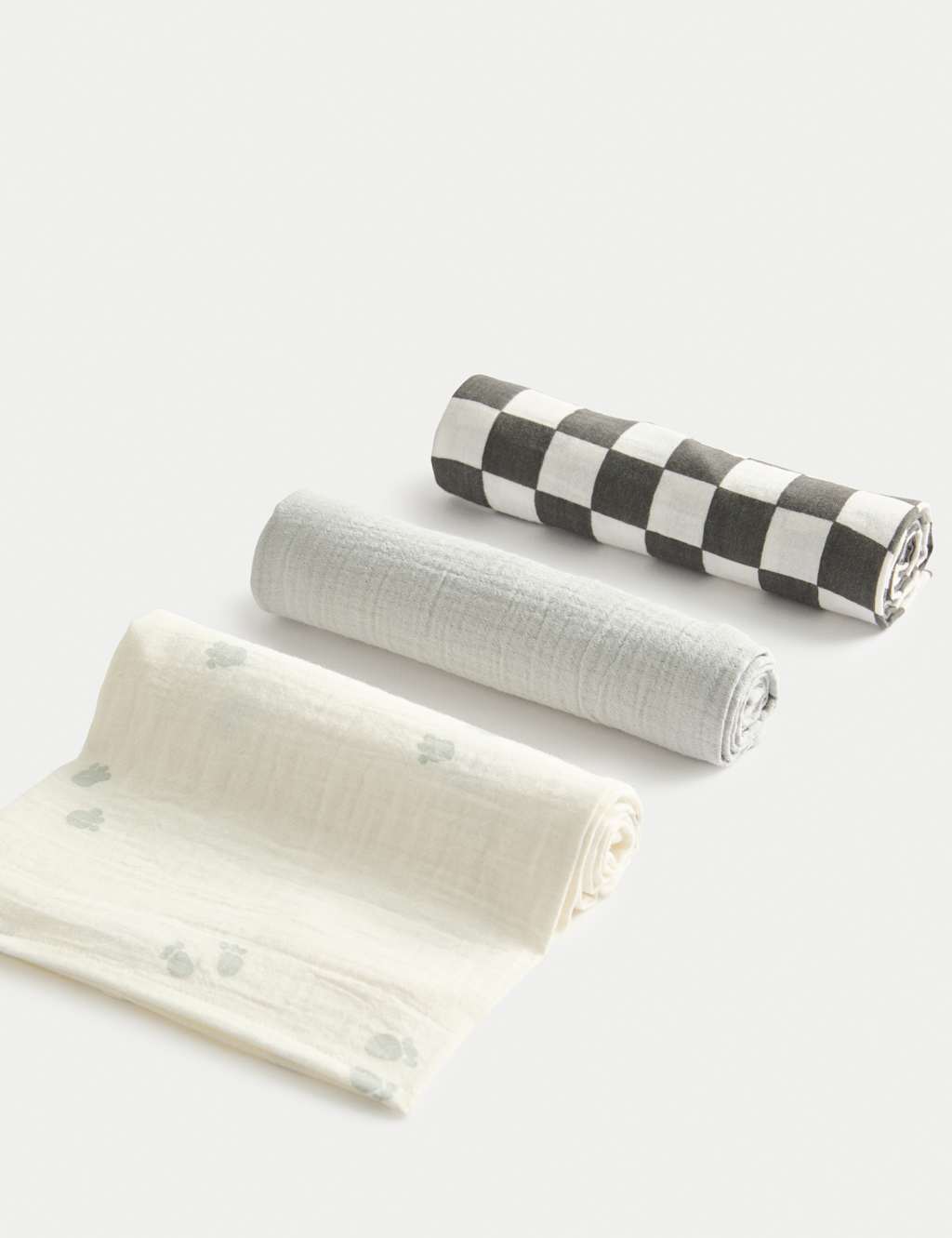M&S 3pk Pure Cotton Checked Muslin Squares Grey Mix