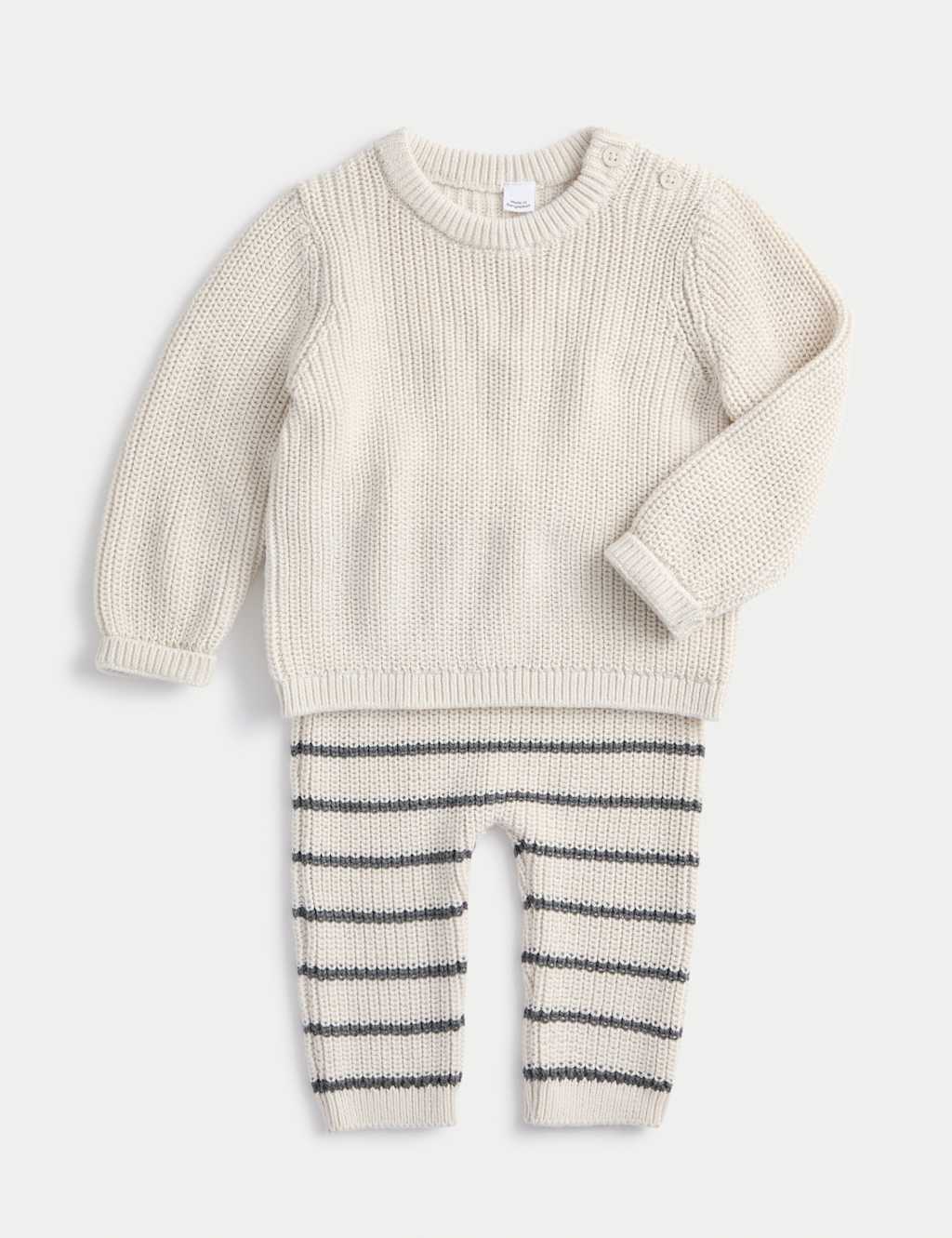 M&S 2pc Pure Cotton Striped Knitted Outfit (0-2 Yrs) Light Natural