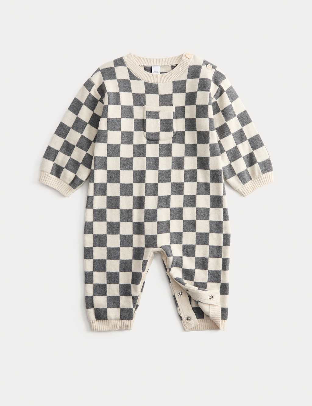 M&S Pure Cotton Checkerboard Knitted All in One (0-12 Mths) Grey Mix