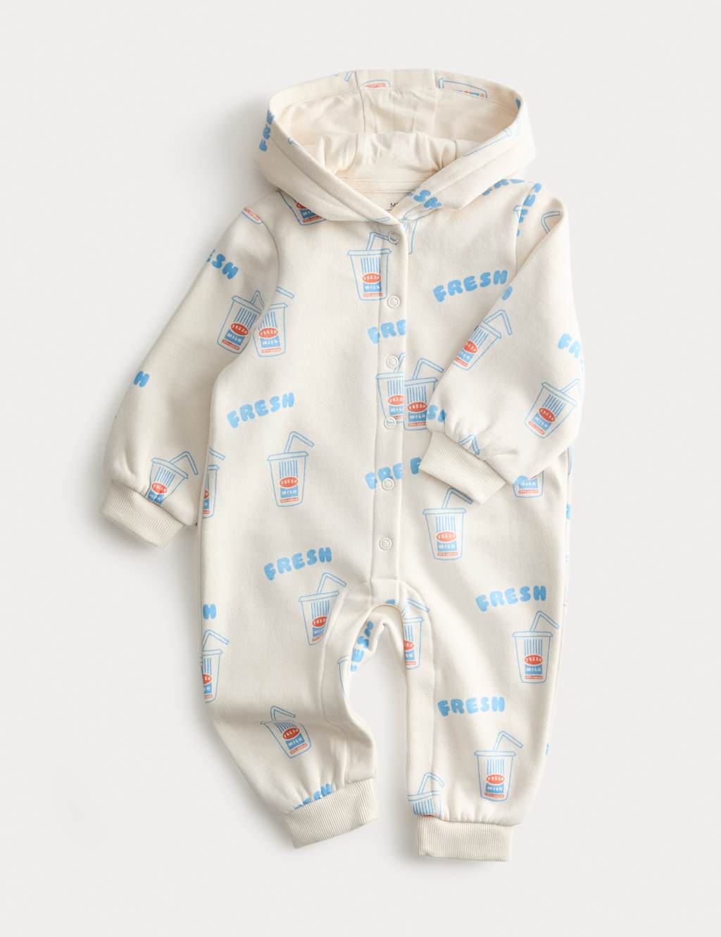 M&S Kids Cotton Rich Milkshake Print Hooded All in One (7lbs-3 Yrs) - Newborn - Cream