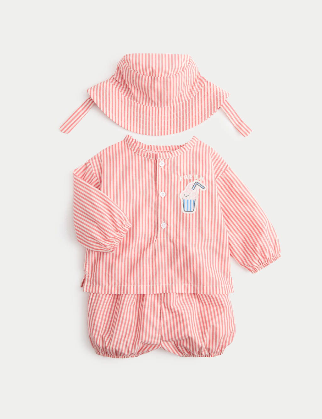 M&S Kids 3 Piece Stripe Cinema Short and Shirt Outfit (0-24 Mths) - 1 Months - Peach Mix