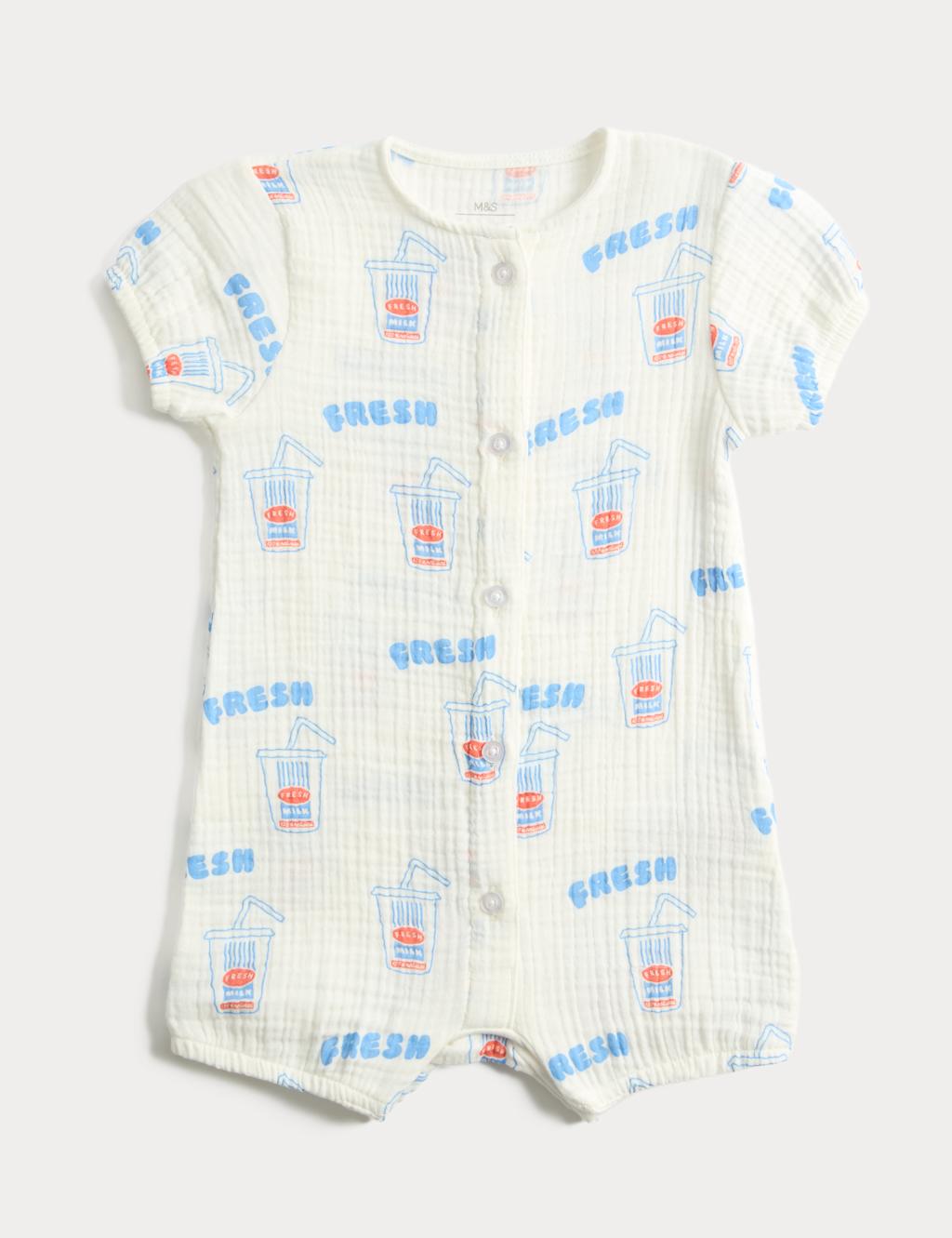 M&S Kids Pure Cotton Milkshake Print Romper (0-2 Yrs) - 1 Months - Cream