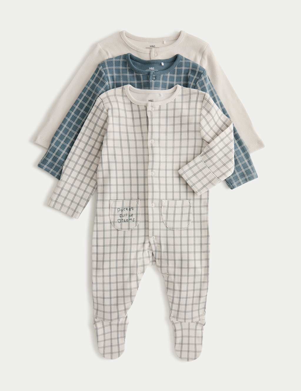 M&S Kids 3 Pack Cotton Rich Sleepsuits (0-3 Yrs) - Tiny - Light Natural