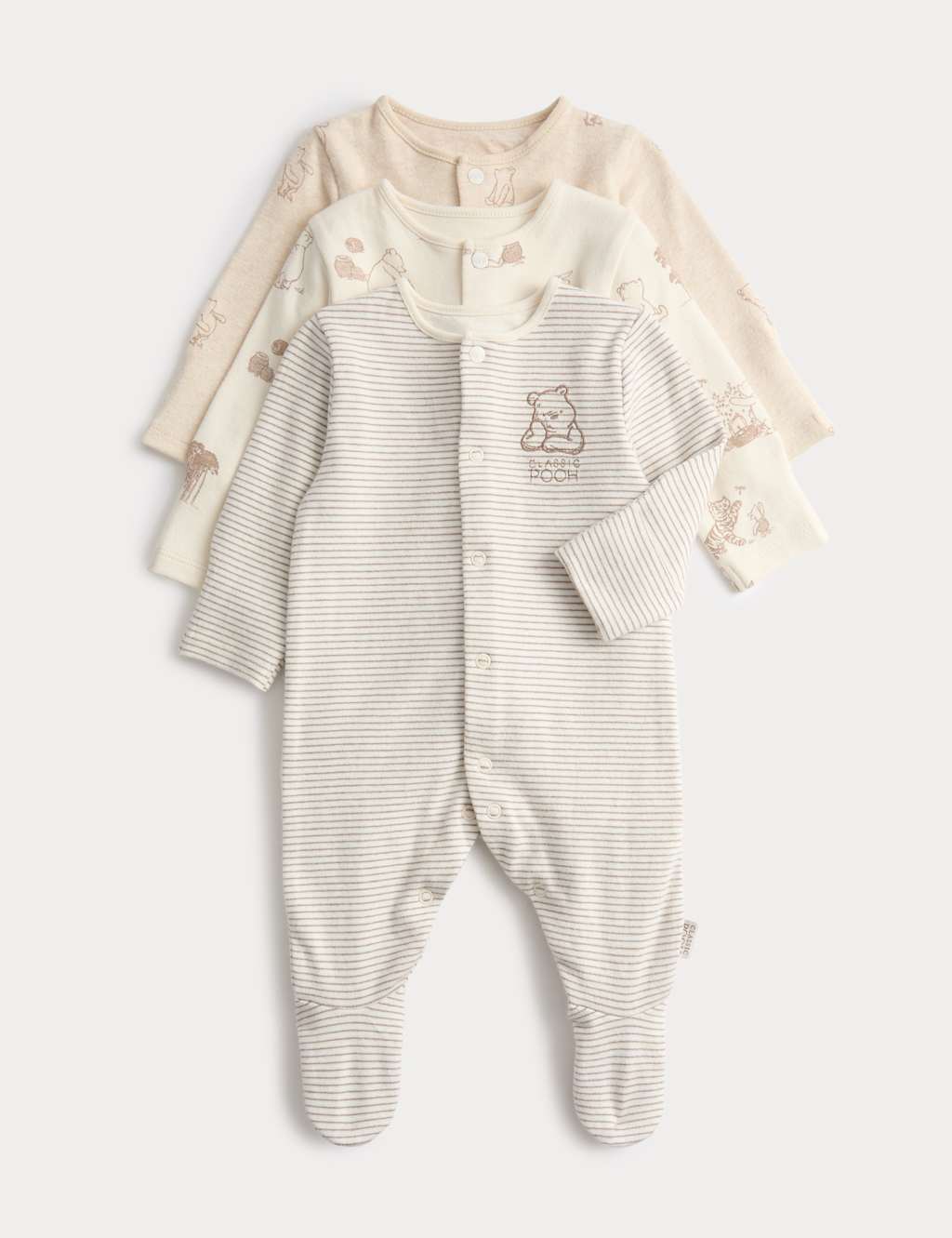 M&S 3 Pack Pure Cotton Winnie the Pooh Sleepsuits (0-3 Years) Cream Mix