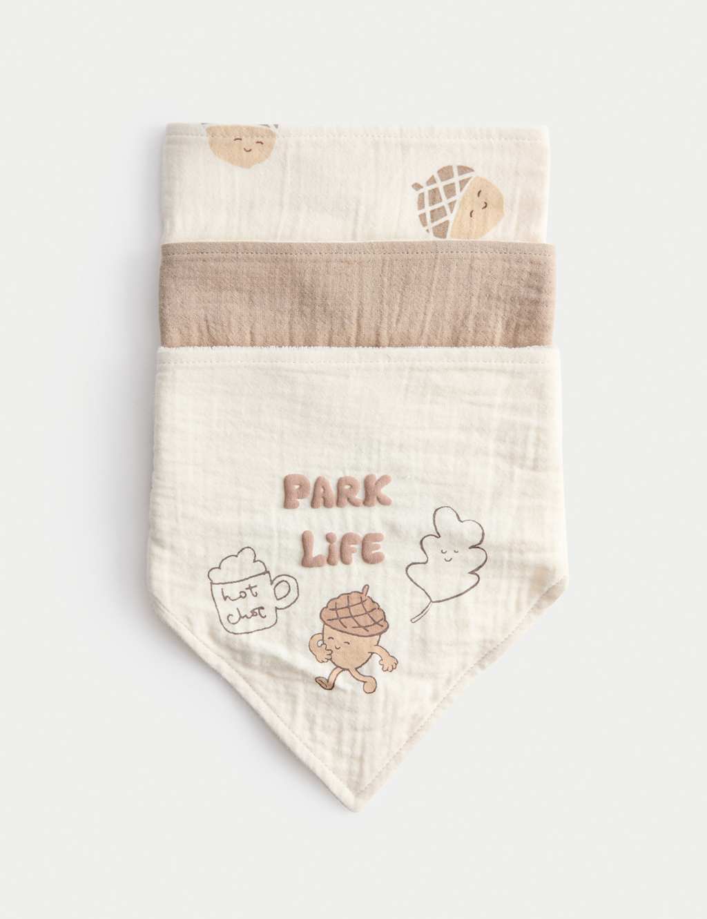 M&S 3pk Cotton Rich Acorn Print Bibs Cream Mix