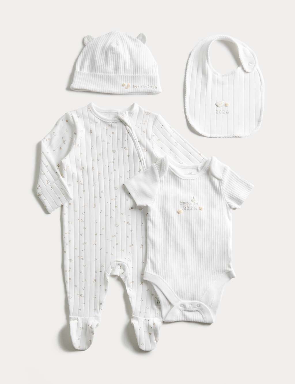 M&S 4pc Cotton Rich Born in 2026 Slogan Starter Set (0-6 Mths) White