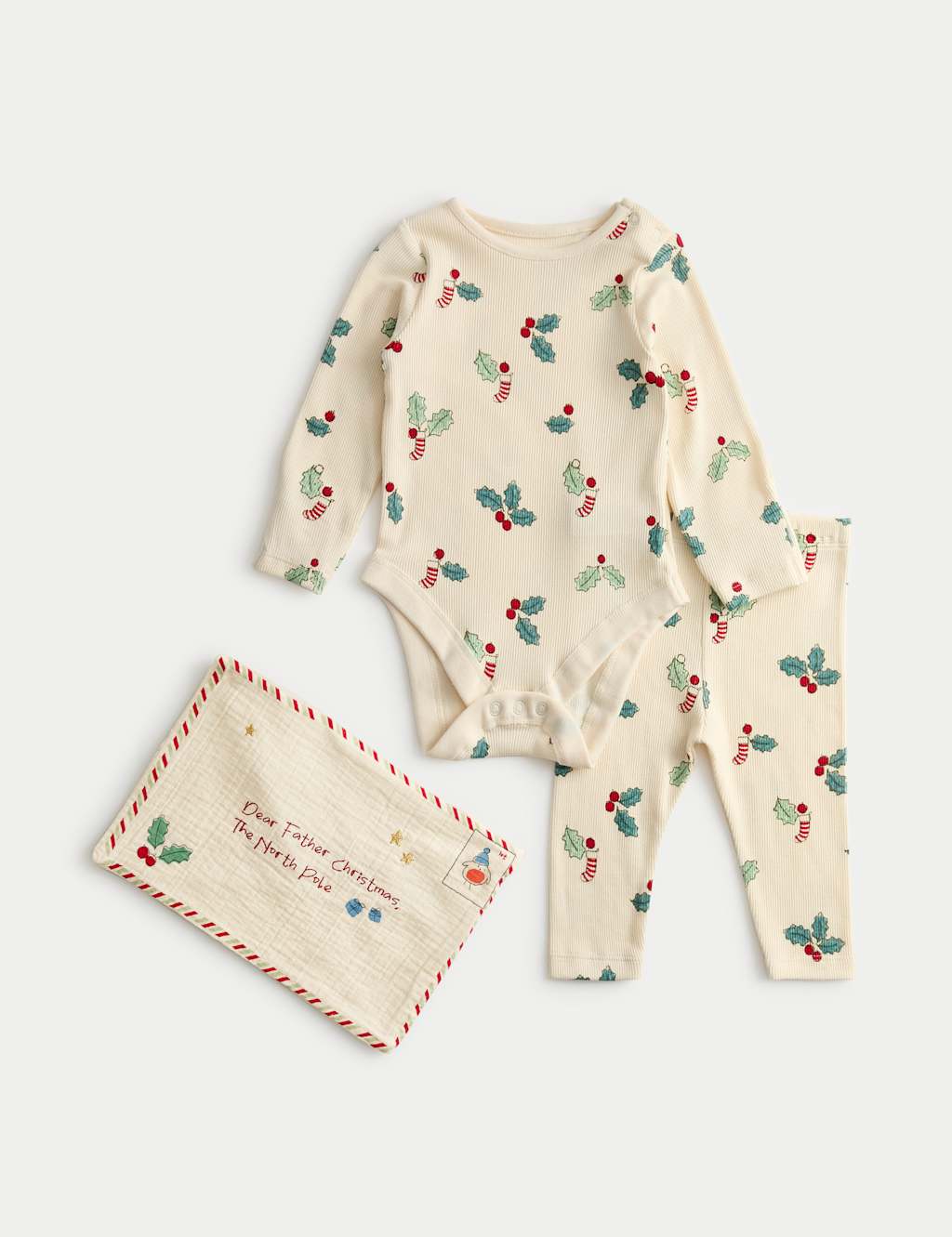 M&S 3 Piece Cotton Rich Holly Outfit with Envelope Pouch (Newborn - 12 Months) Ivory