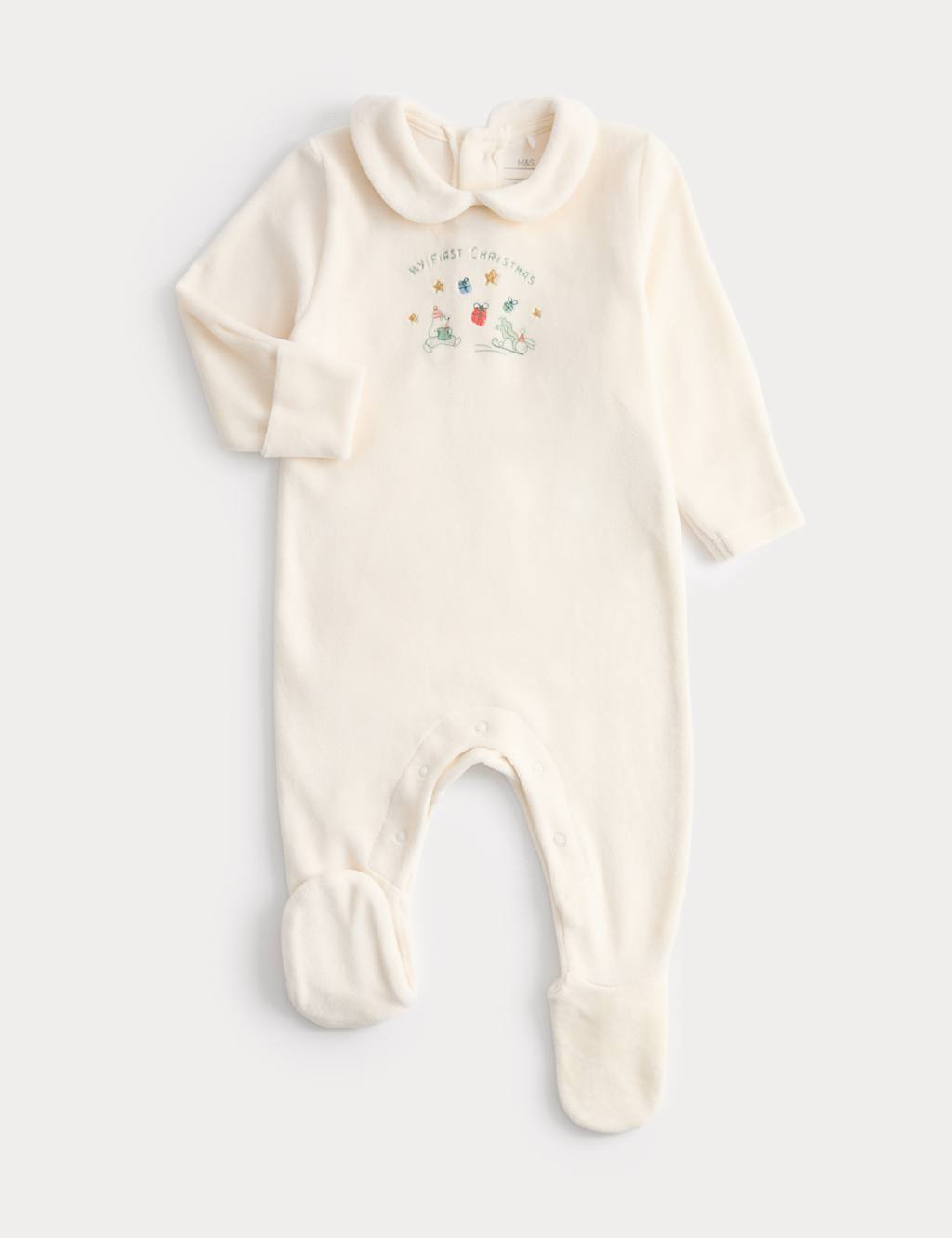 M&S My First Christmas Velour Sleepsuit (0-12 Mths) Light Cream