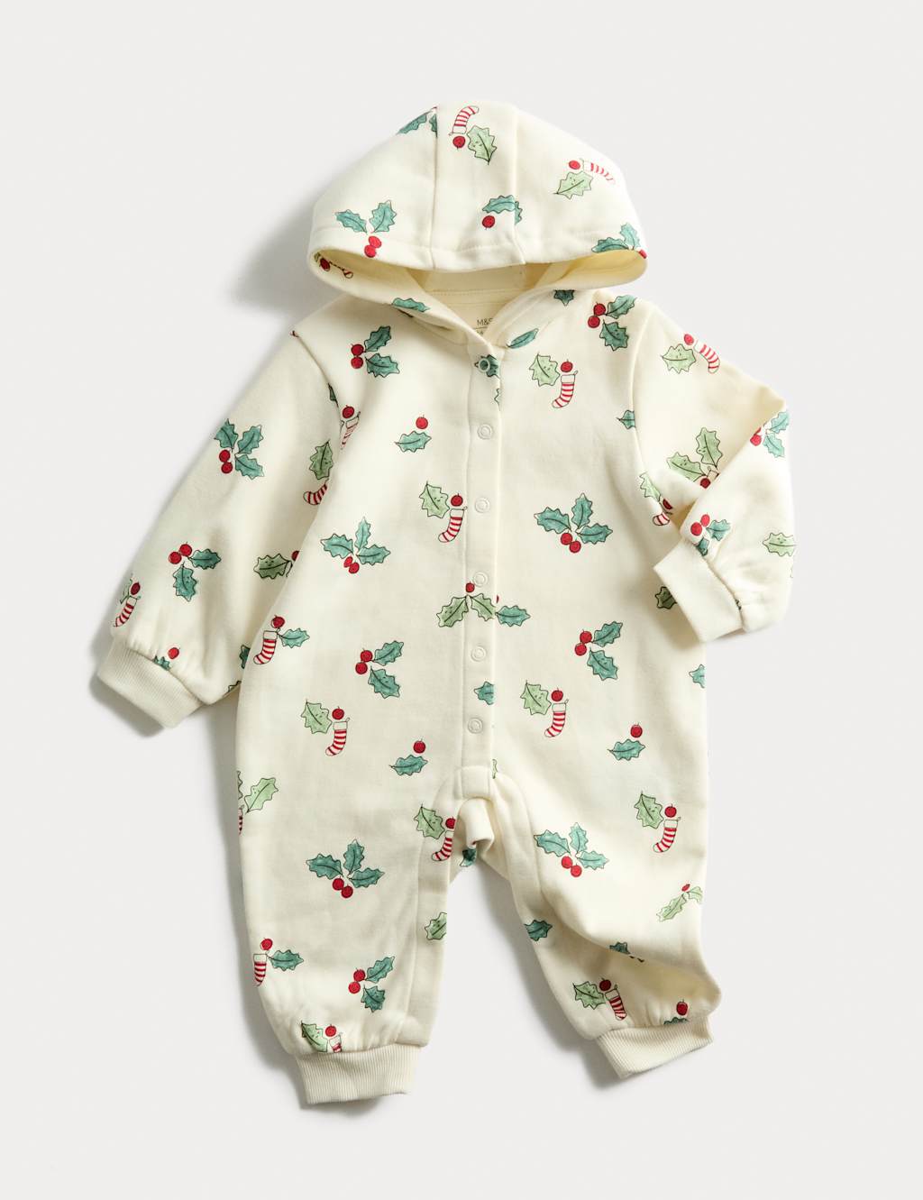M&S Cotton Rich Novelty Holly Print Hooded All in One (7lbs Mths-3 Yrs) Ivory Mix