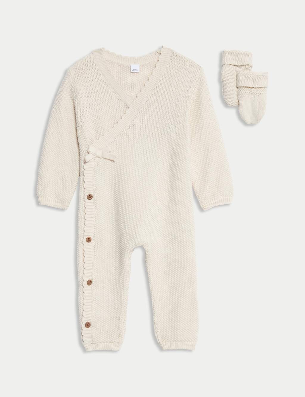 M&S Pure Cotton Knitted All in One with Booties (0-12 Mths) Light Cream