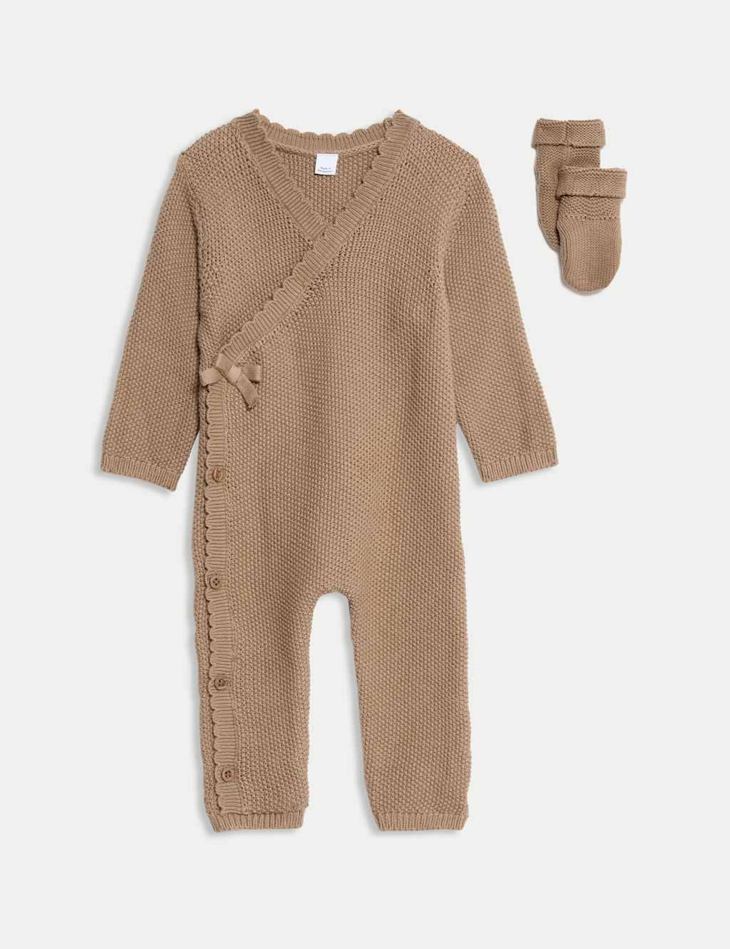 M&S Pure Cotton Knitted All in One with Booties (0-12 Mths) Mink