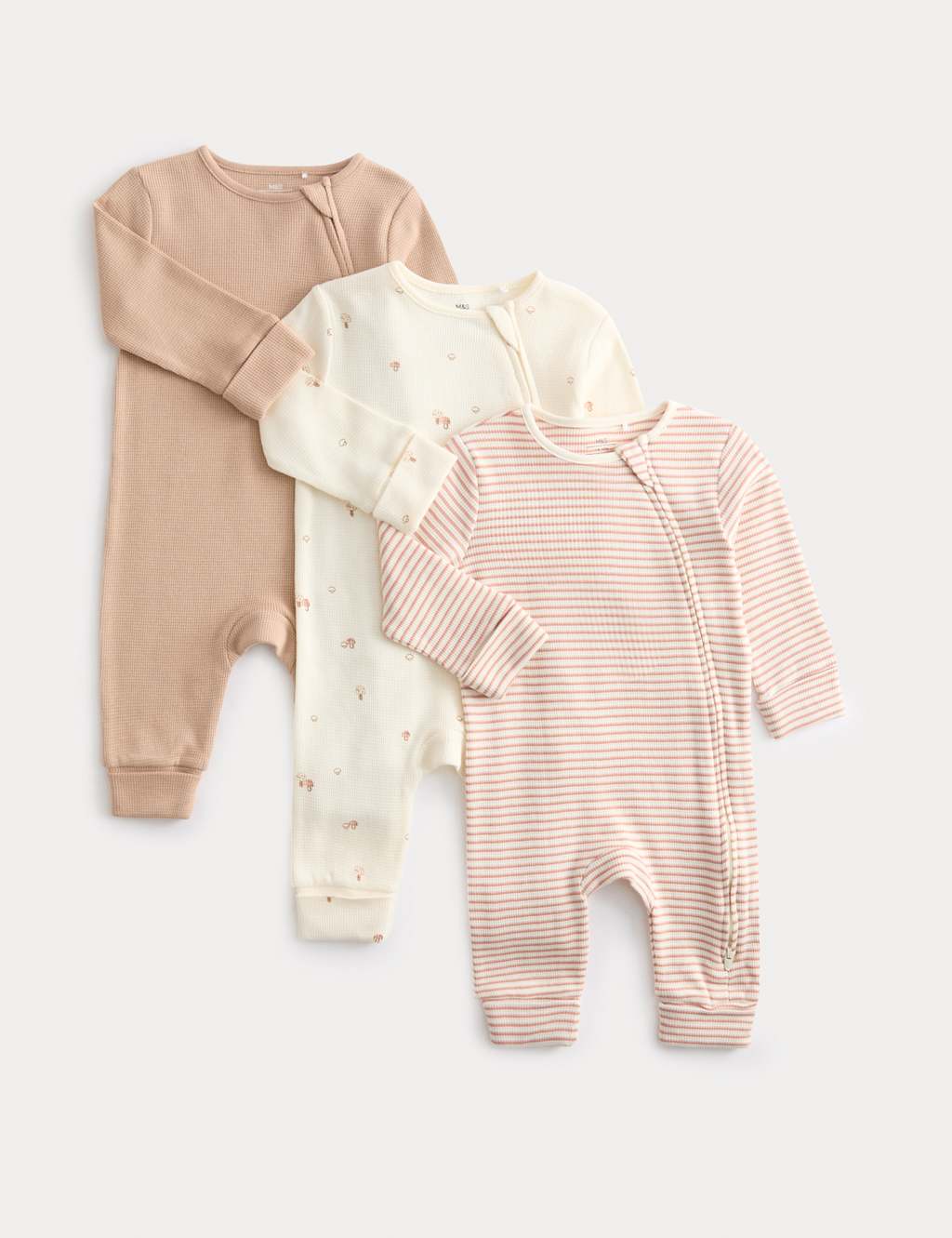 M&S 3pk Pure Cotton Acorn Print Zip Sleepsuits (6lbs-3 Yrs) Sandstone