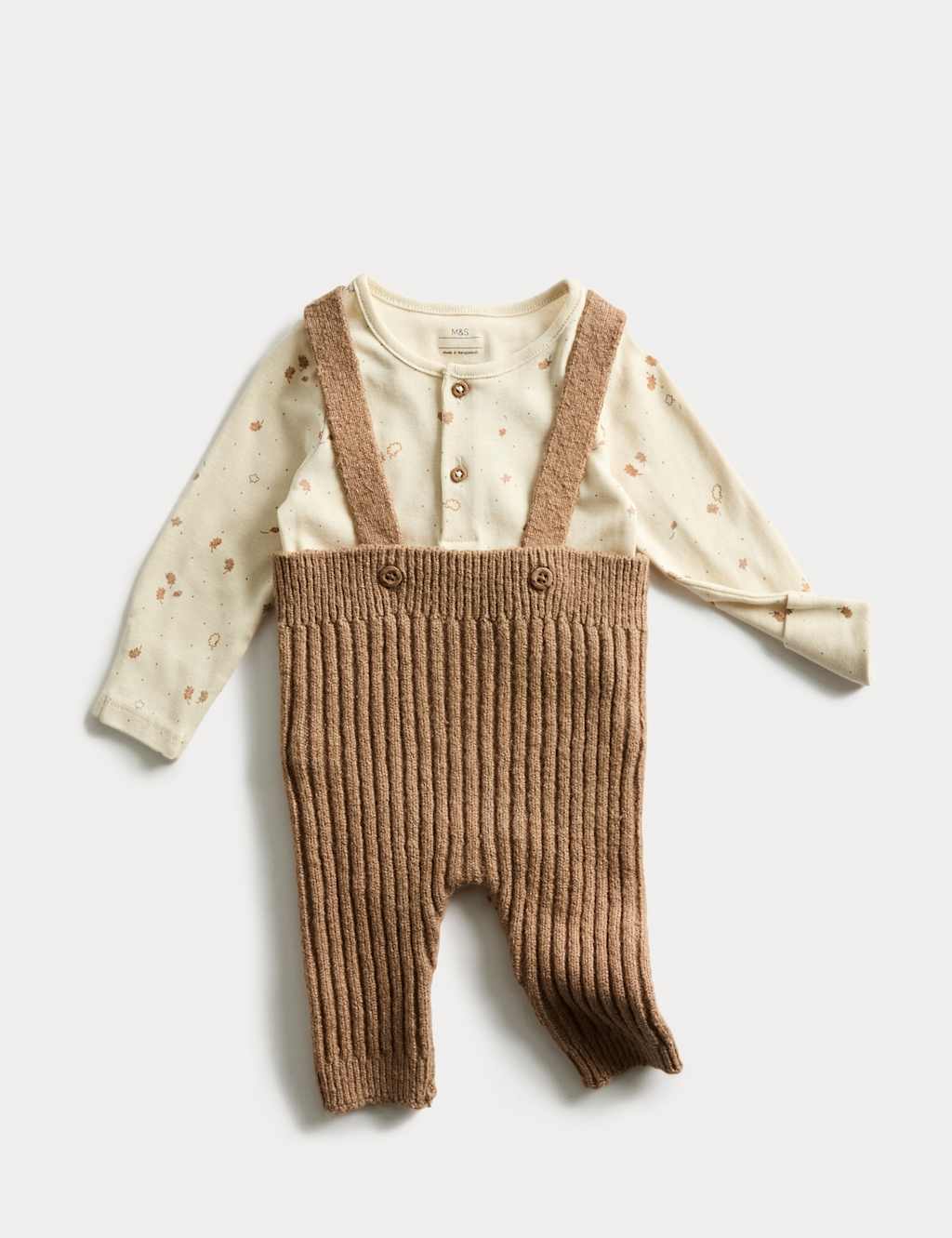 M&S 2pc Cotton Rich Sprig Dungaree Outfit (0-12 Mths) Mink Mix