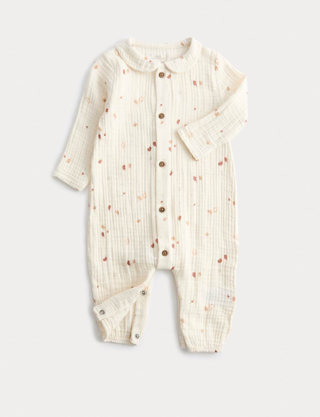 M&S Pure Cotton Woven Leaf Collared All In One (0-12 Mths) Ivory Mix