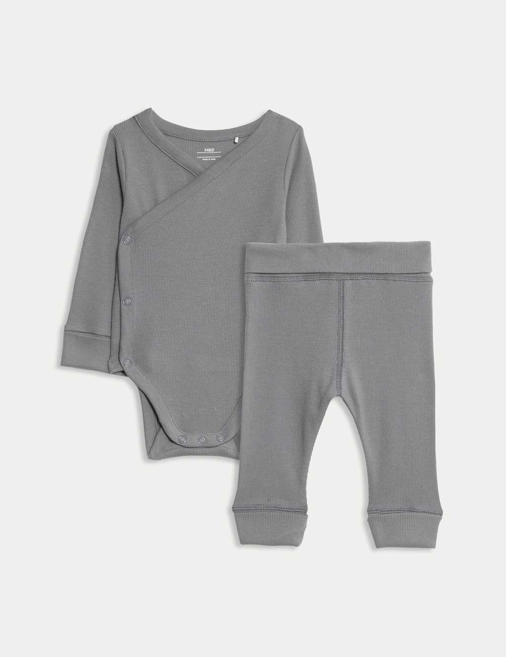 M&S 2pc Cotton Rich Grow with Me Outfit (0-3 Yrs) Mid Grey
