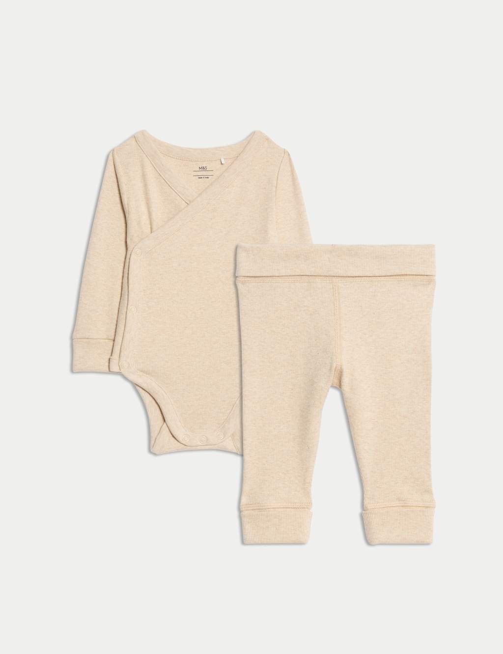 M&S 2pc Cotton Rich Grow with Me Outfit (0-3 Yrs) Oatmeal