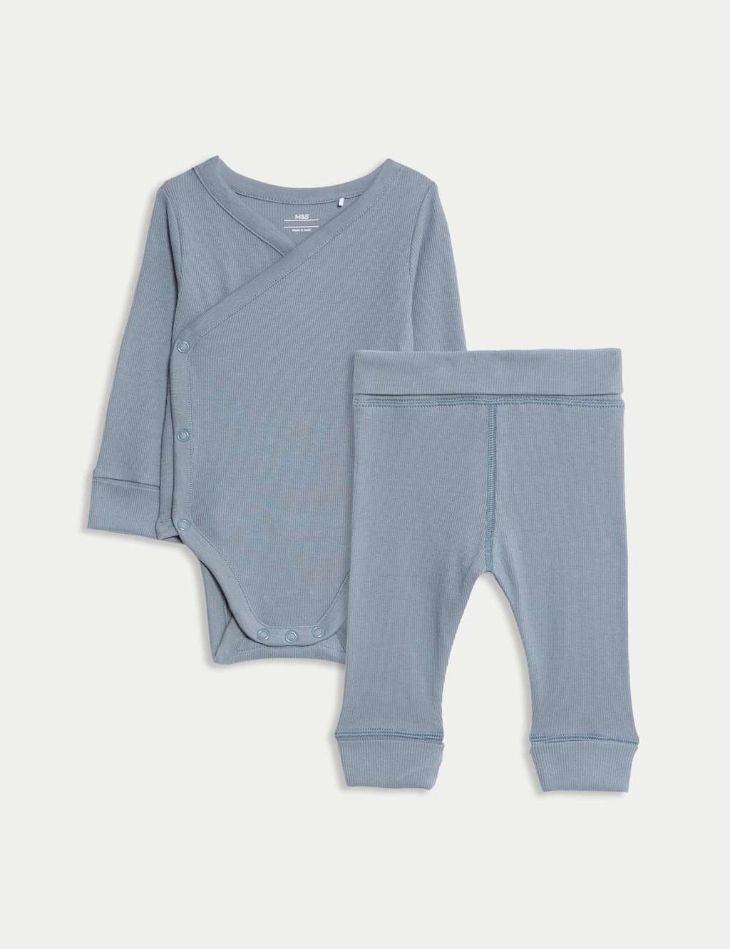 M&S 2pc Cotton Rich Grow with Me Outfit (0-3 Yrs) Steel Blue
