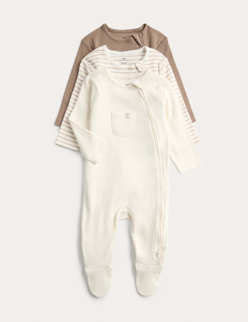 M&S 3pk Cotton Rich Ribbed Sleepsuits (6lbs-3 Yrs) Oatmeal