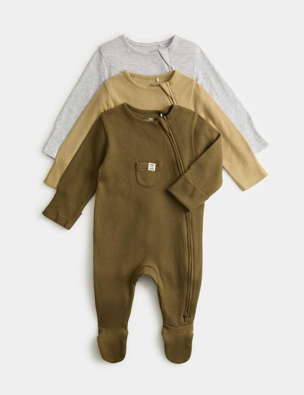 M&S 3pk Pure Cotton Sleepsuits (6lbs-3Yrs) Sand