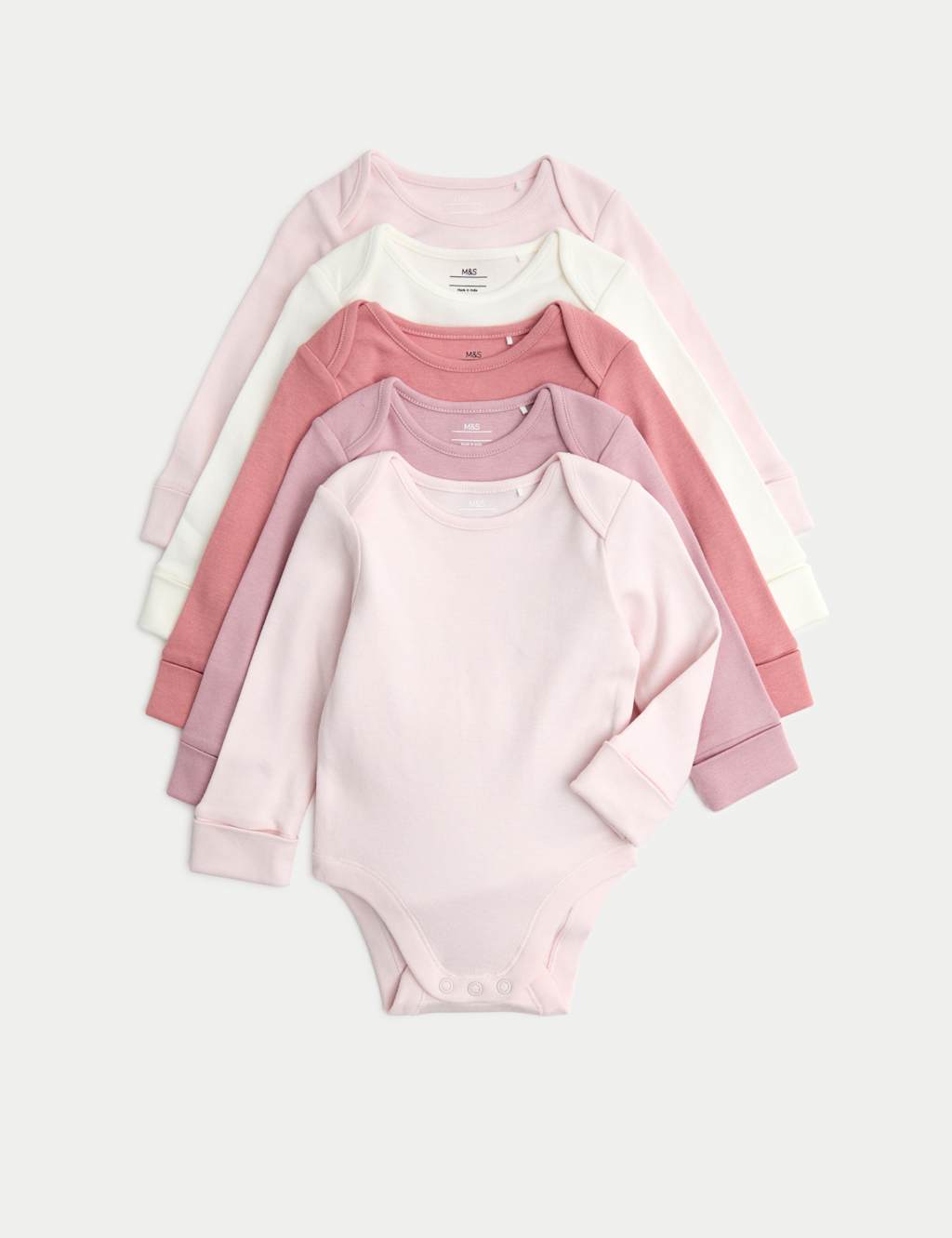 M&S 5pk Pure Cotton Long Sleeve Bodysuits (0-3 Yrs) Pink