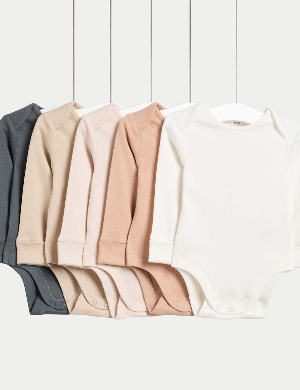M&S 5pk Pure Cotton Long Sleeve Bodysuits (0-3 Yrs) Neutral