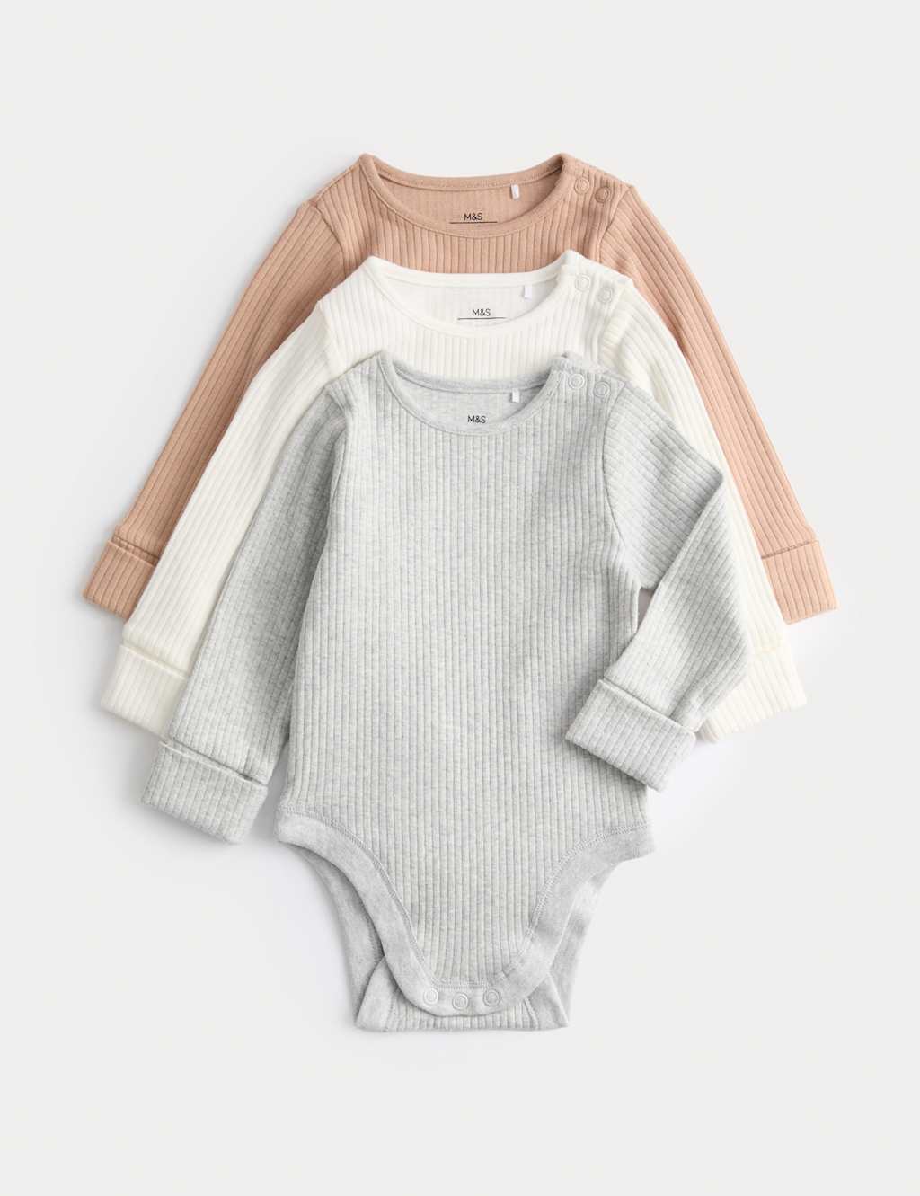 M&S 3pk Cotton Rich Ribbed Long Sleeve Bodysuits (0-3 Yrs) Neutral