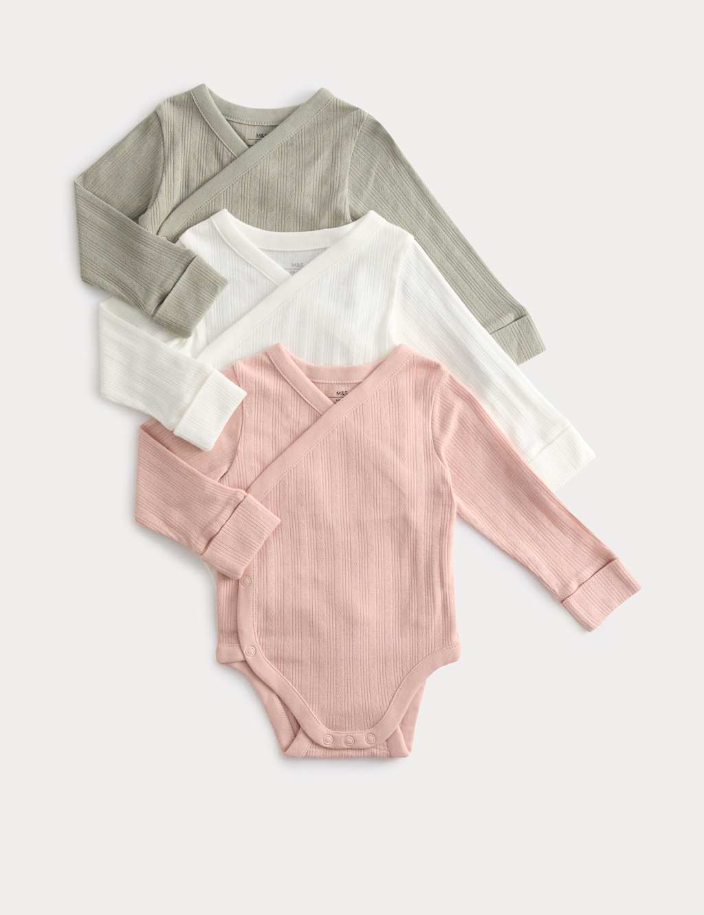 M&S 3pk Pure Cotton Wrap Bodysuits (6lbs-3 Yrs) Khaki Mix