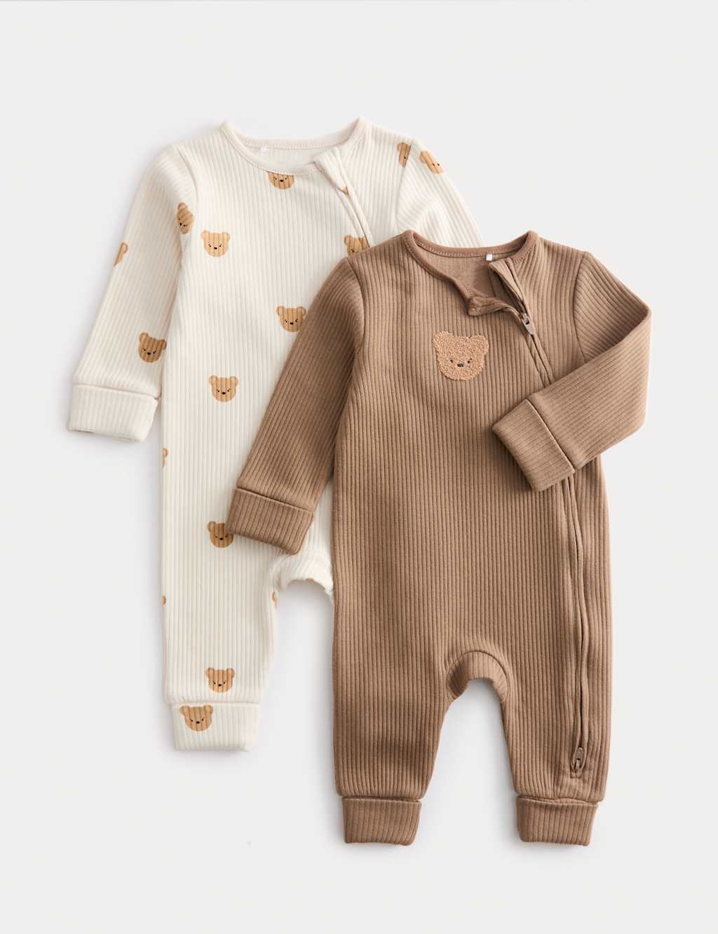 M&S Cotton Blend Bear Cosy Rib Sleepsuits (0-3 Yrs) Brown