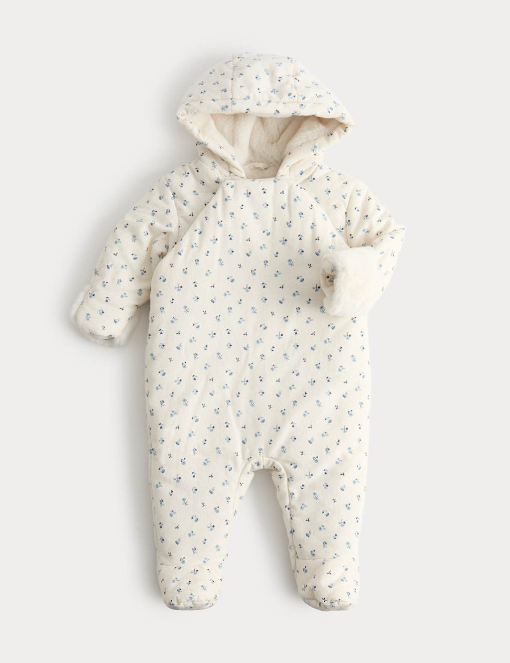 M&S Girls Pure Cotton Floral Cord Pramsuit (0-12 Mths) - 9-12 Months - Ivory