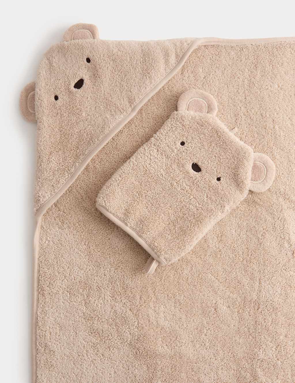 M&S 2pc Pure Cotton Bear Hooded Towel & Wash Mitt Grey