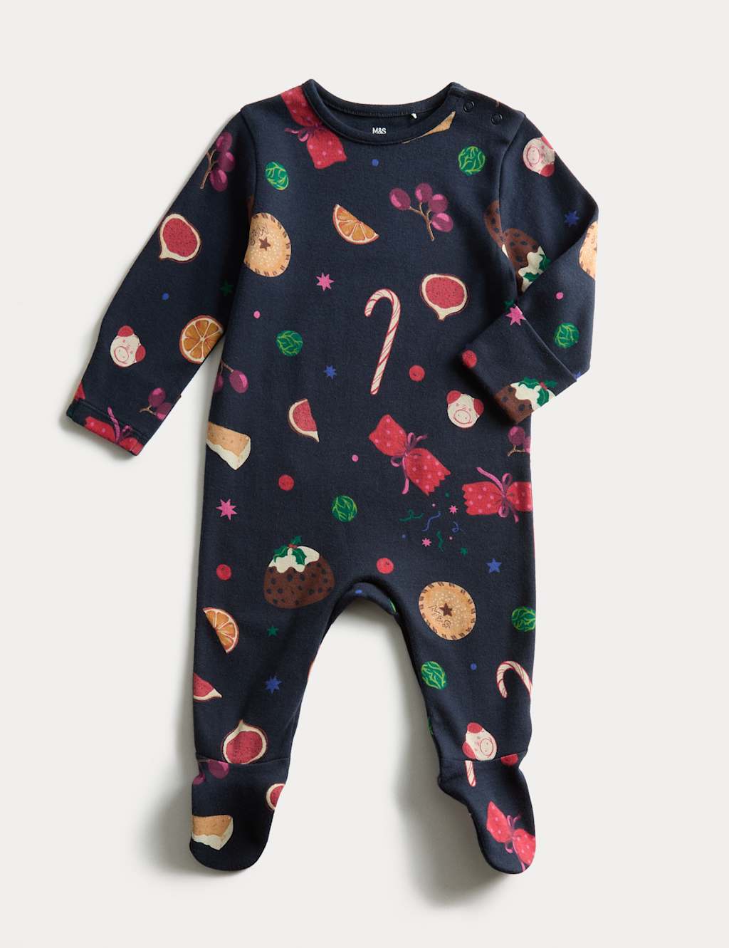 M&S Pure Cotton Christmas Print Sleepsuit (0 Mths-3 Yrs) Navy