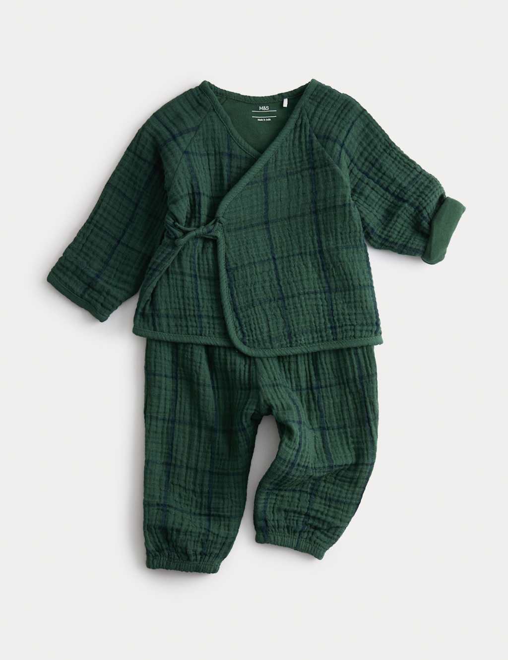 M&S 2pc Cotton Rich Check Outfit (0-2 Yrs) Pine Green