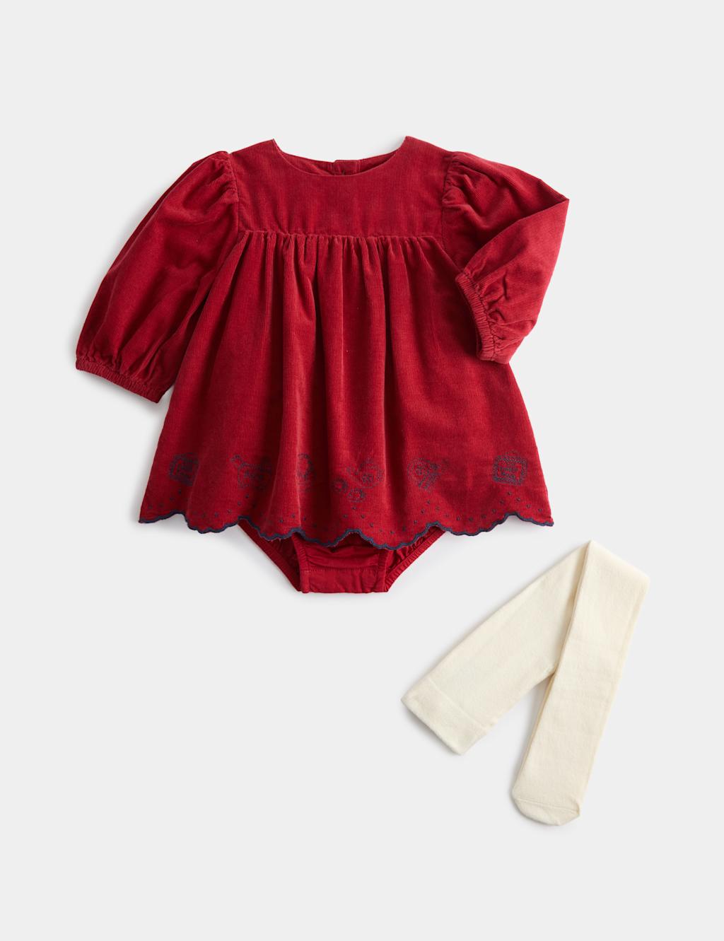 M&S Girls 2 Piece Cotton Rich Dress with Tights (0-12 Mths) - 9-12 Months - Red