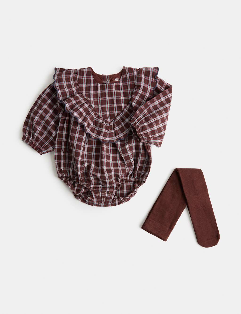 M&S Girls 2 Piece Gingham Romper Outfit with Tights (0-12 Mths) - 1 Months - Red Mix