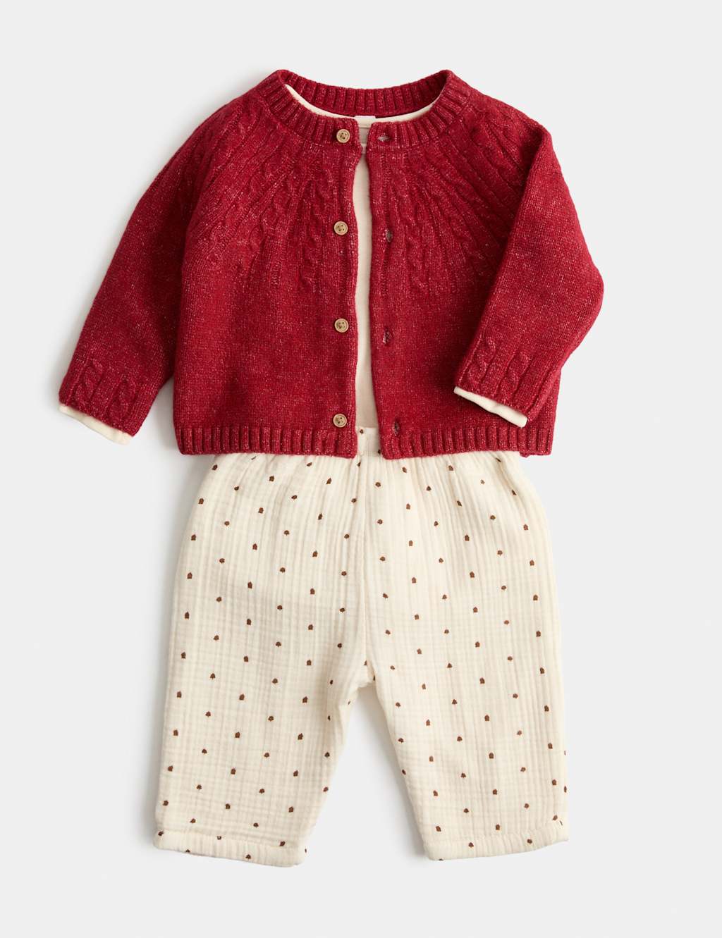 M&S Kids 3 Piece Fleece Lined Outfit with Cardigan (7lbs - 12 Mths) - Newborn - Red Mix