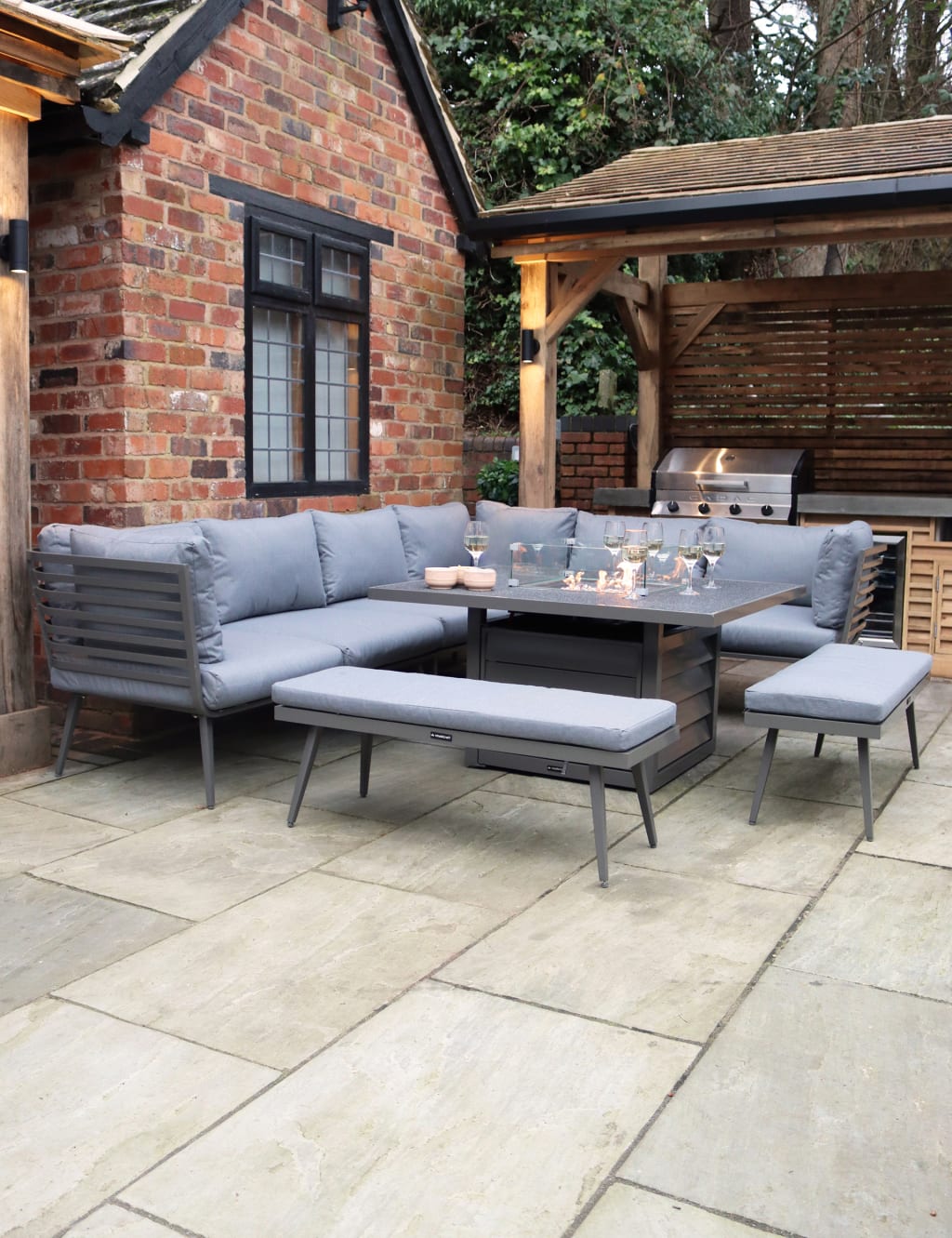 Mayfair Fire Pit Corner Lounging Set With 2 Benches