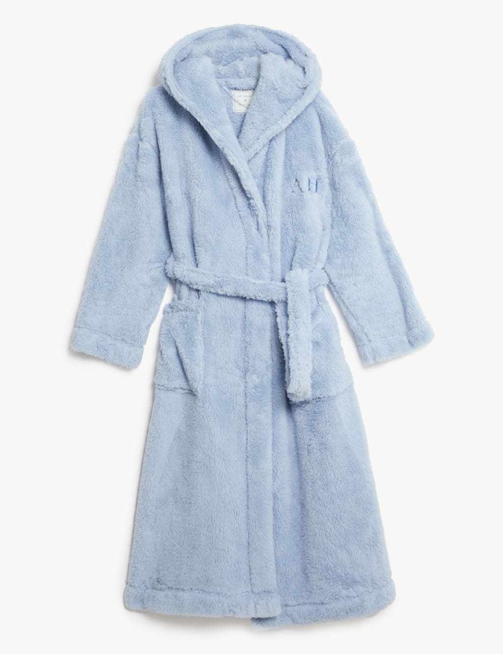 M&S Personalised Hooded Fleece Long Dressing Gown Light Blue
