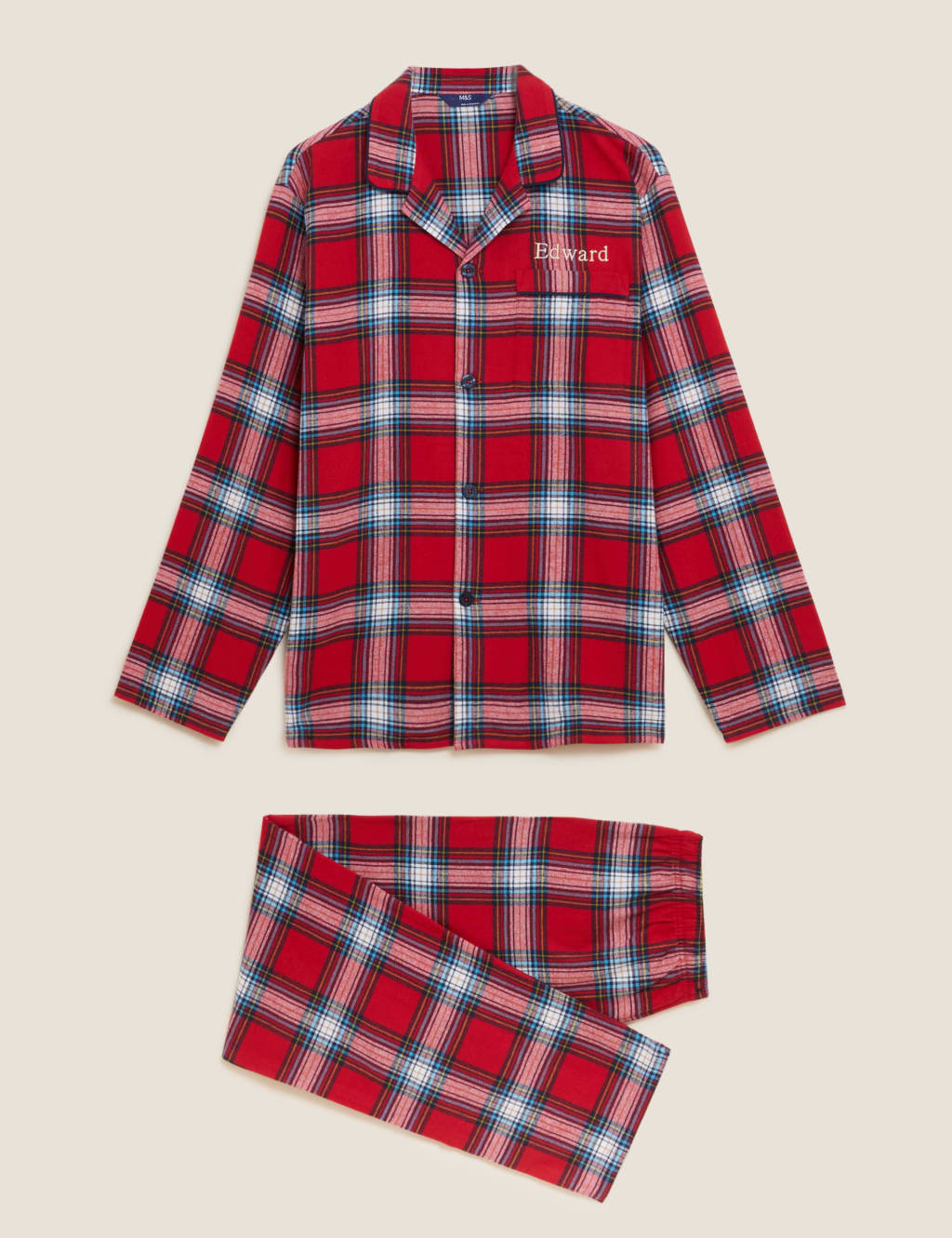 M&S Personalised Men's Family Checked Pyjamas Red Mix
