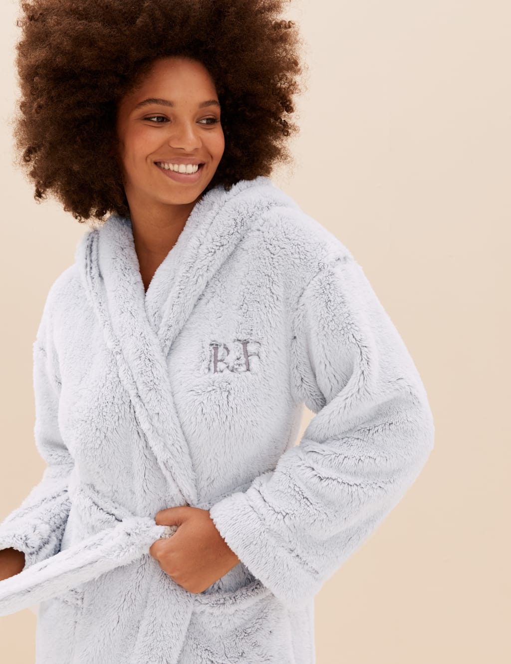 M&S Personalised Women's Fleece Hooded Dressing Gown Light Grey