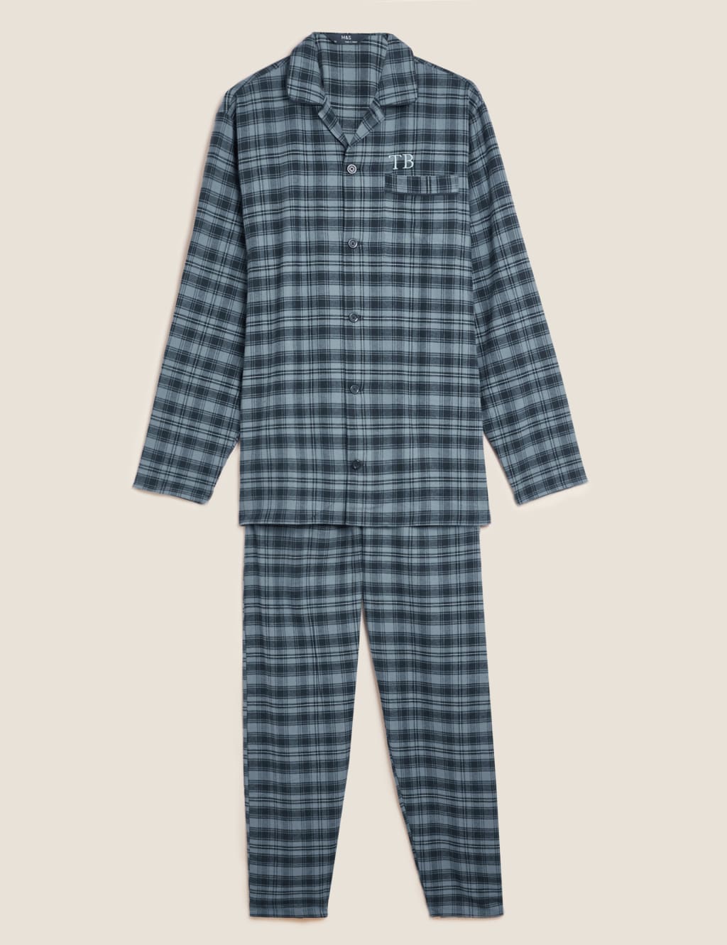 M&S Personalised Men's Brushed Cotton Pyjamas Navy