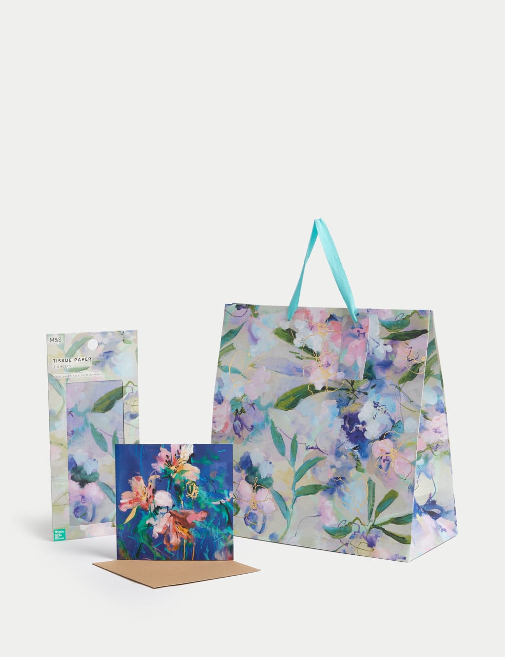 M&S Floral Gift Wrap Set With Blank Greetings Card Gift Bag & Tissue