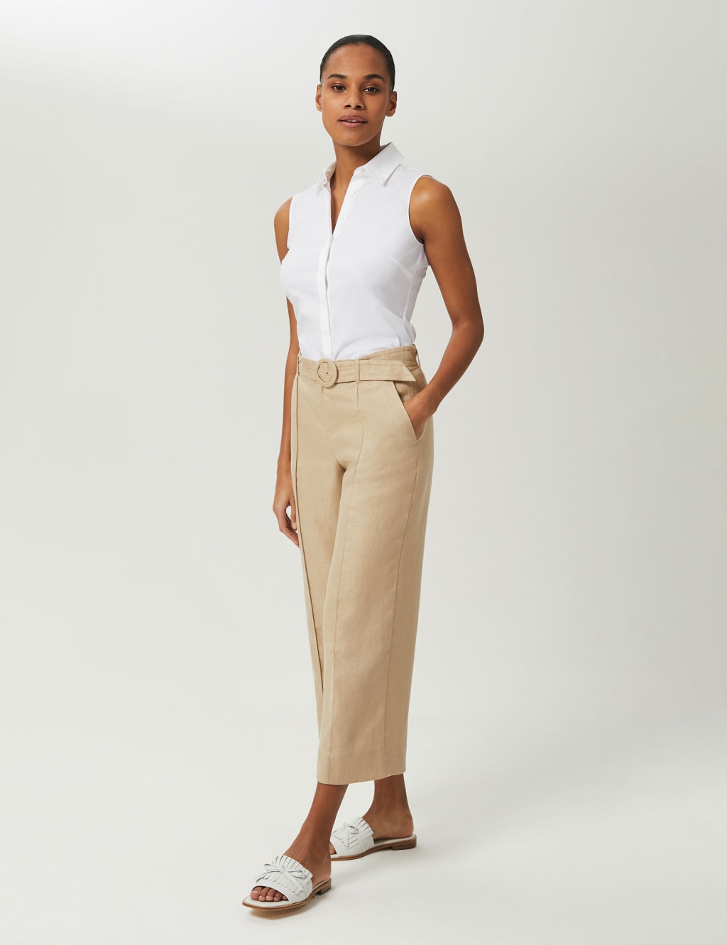 HOBBS Cotton Rich Collared Fitted Sleeveless Shirt White